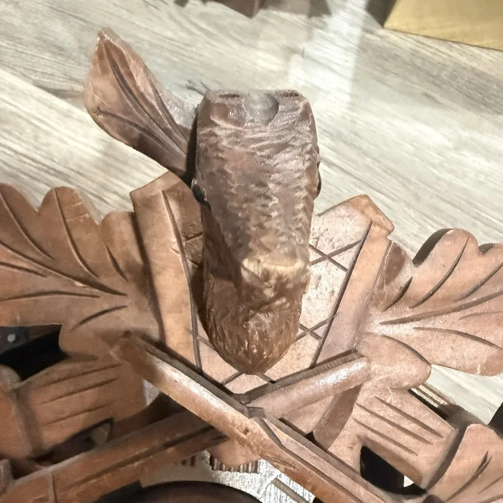 Vintage German Cuckoo Clock Black Forest Carved‎ Deer Hunter Rifles Wood Flaws